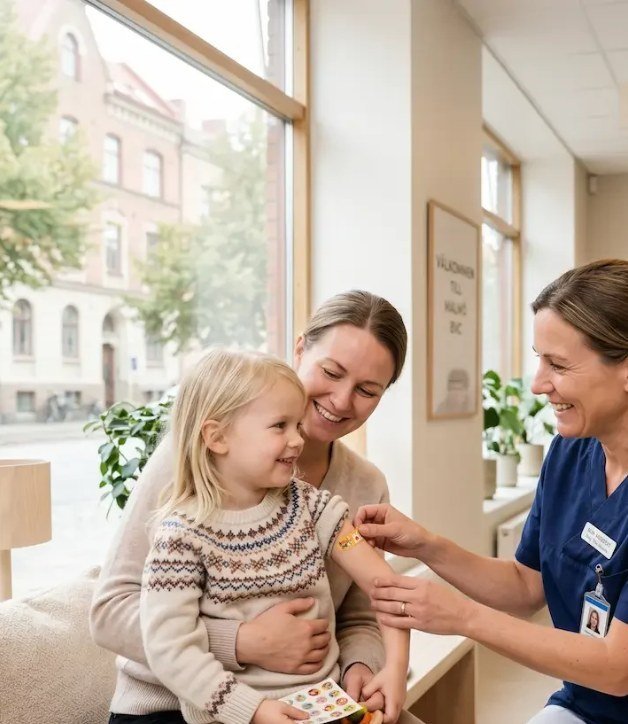 Sjuksköterska sätter plåster på ett barn som sitter i mammas knä